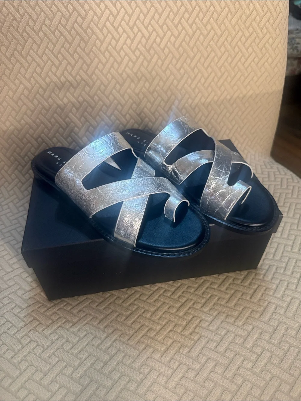 Marc Fisher Crinkled Metallic Silver Cross-Strap Slide Sandals